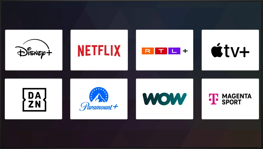 Bei MagentaTV verfügbare Streaming-Dienste und Partner: Disney+, Netflix, RTL+, Appe TV+, DAZN, Paramount+, WOW, MagentaSport
