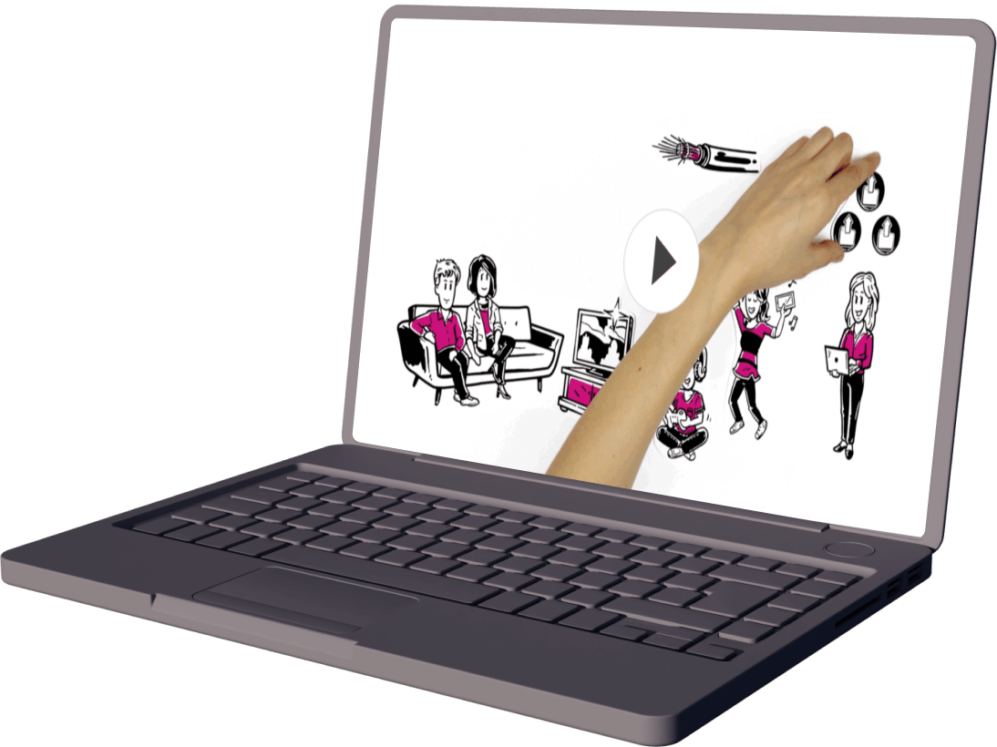 Illustration eines Laptops, auf dem das FTTH Erklärvideo abgespielt wird