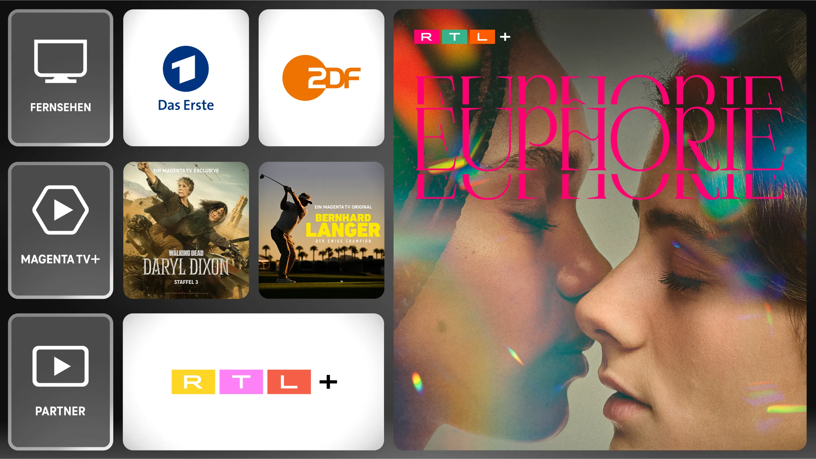 Beispiele für verfügbare Inhalte bei MagentaTV Smart: Das Erste, ZDF, RTL Plus, Serien Teaser: Euphorie auf RTL Plus, The Walking Dead: Daryl Dixon und Bernhard Langer
