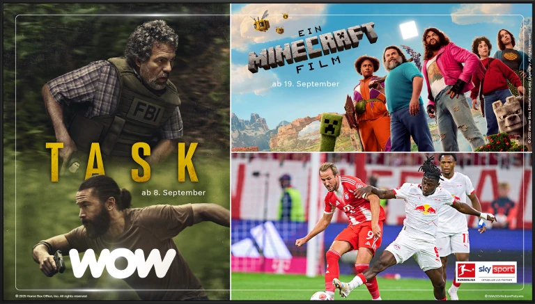 Grafische Darstellung WOW. Im Fokus stehen die Top-Serie Task, der Film Ein Minecraft Film und Fussball Bundesliga.
