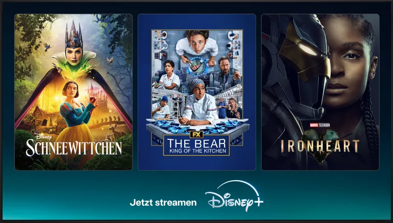 Grafische Darstellung Disney+. Im Fokus stehen der Film Schneewittchen, die Serie The Bear: King of the Kitchen und die Serie Ironheart.