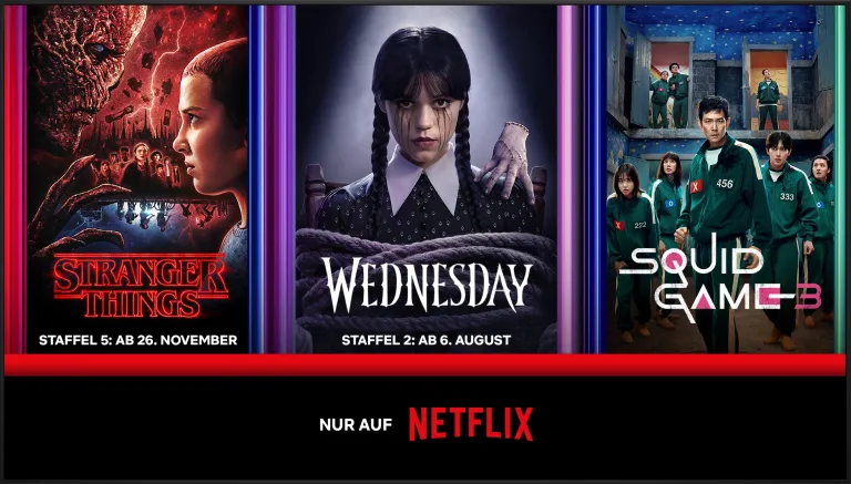 Grafische Darstellung Netflix. Im Fokus stehen die Serien Stranger Things, Wednesday und Squid Game.