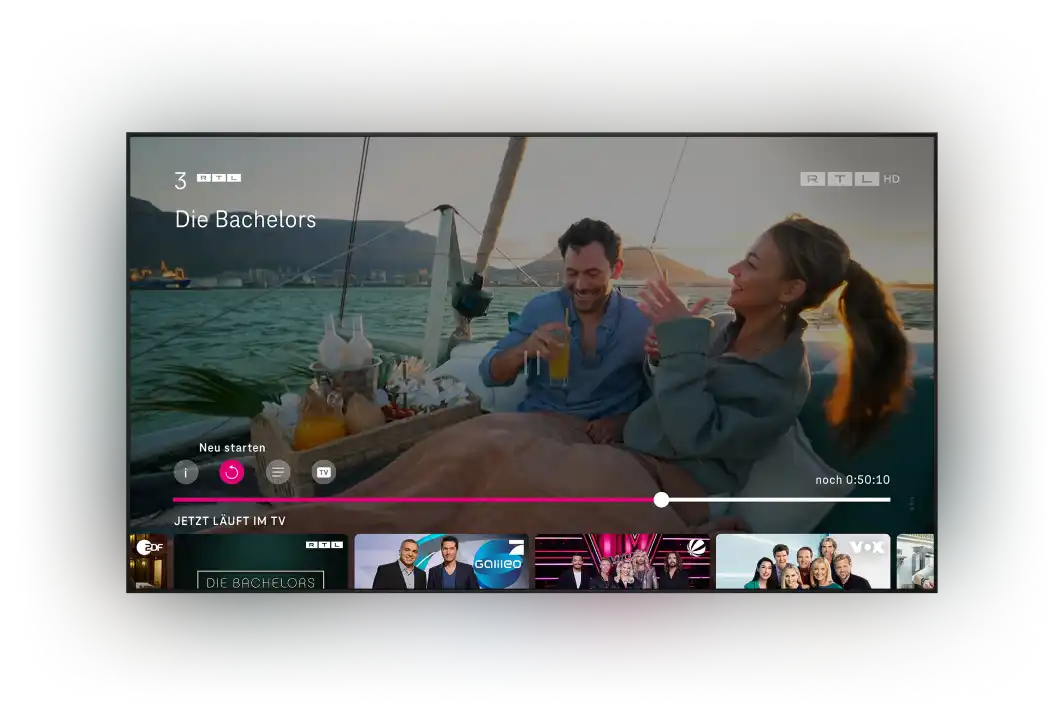 Beispielhaft gezeigt ist eine Folge von "Die Bachelors" bei RTL HD. Die Nutzeroberfläche zeigt einen Fortschrittsbalken und eine "Neu starten" Schaltfläche.