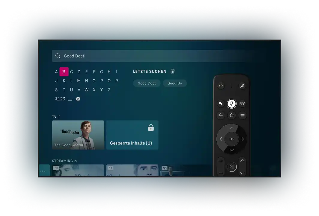 Darstellung der MagentaTV Suchfunktion, zu sehen ist die Suche über Bildschirm-Tastatur und eine Fernbedienung mit Sprachsuche