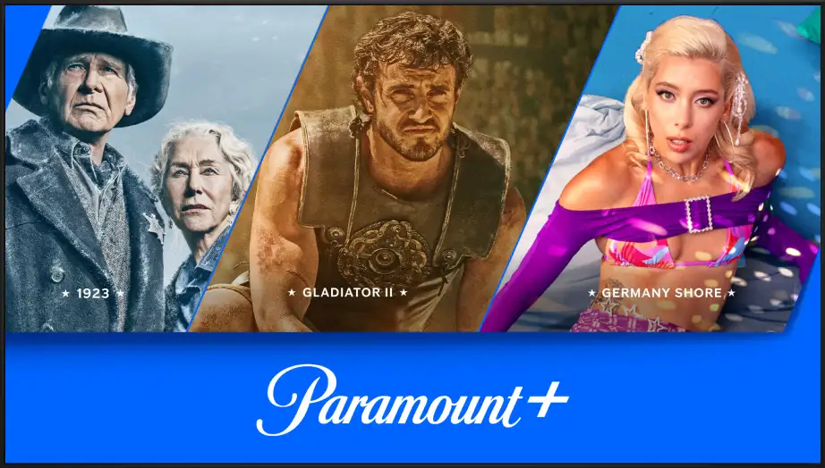 Grafische Darstellung Paramount+. Im Fokus stehen die Titel 1923, Gladiator 2 und Germany Shore.