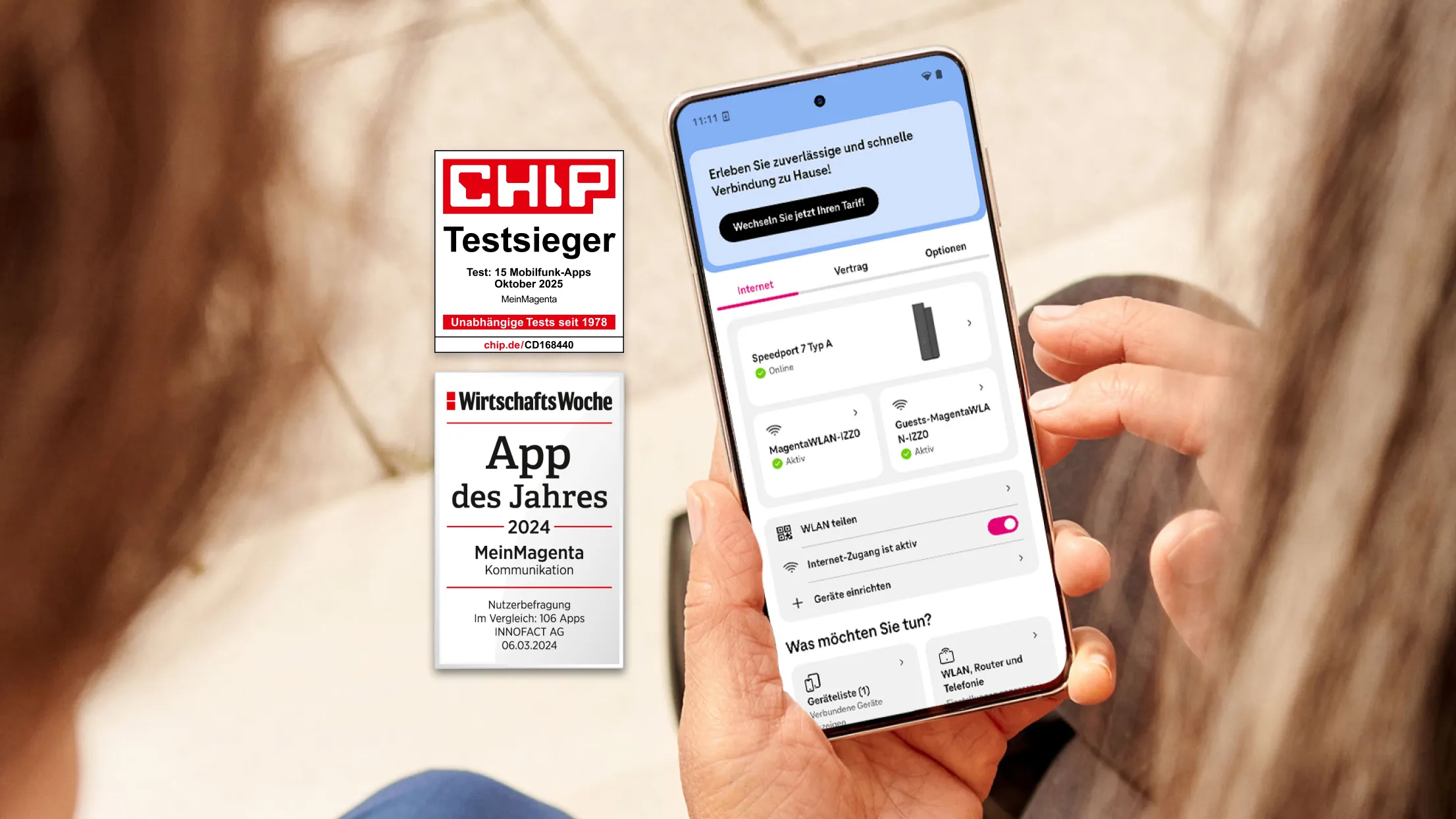 MeinMagenta App auf Smartphone zeigt Heimnetz-Infos. Auszeichnungen: Testsieger bei Chip 2025, App des Jahres 2024 bei WirtschaftsWoche Nutzerbefragung.