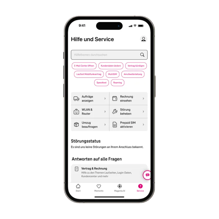 Hilfe und Service Bereich innerhalb der App auf einem Smartphone