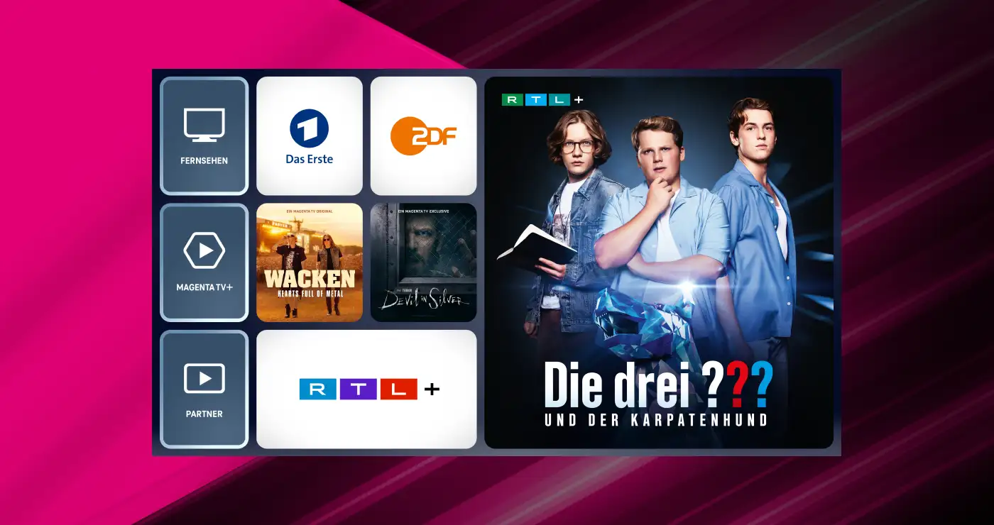 Fernsehscreen mit aktuellen Titeln auf MagentaTV Smart, u.a. "Die drei Fragezeichen"