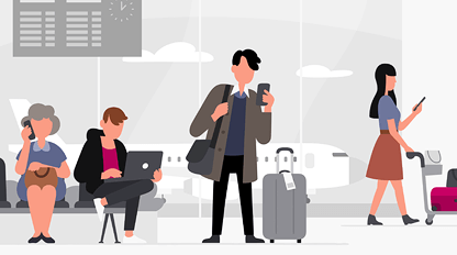 Personen am Flughafen mit Handy, Laptop, und Koffer.