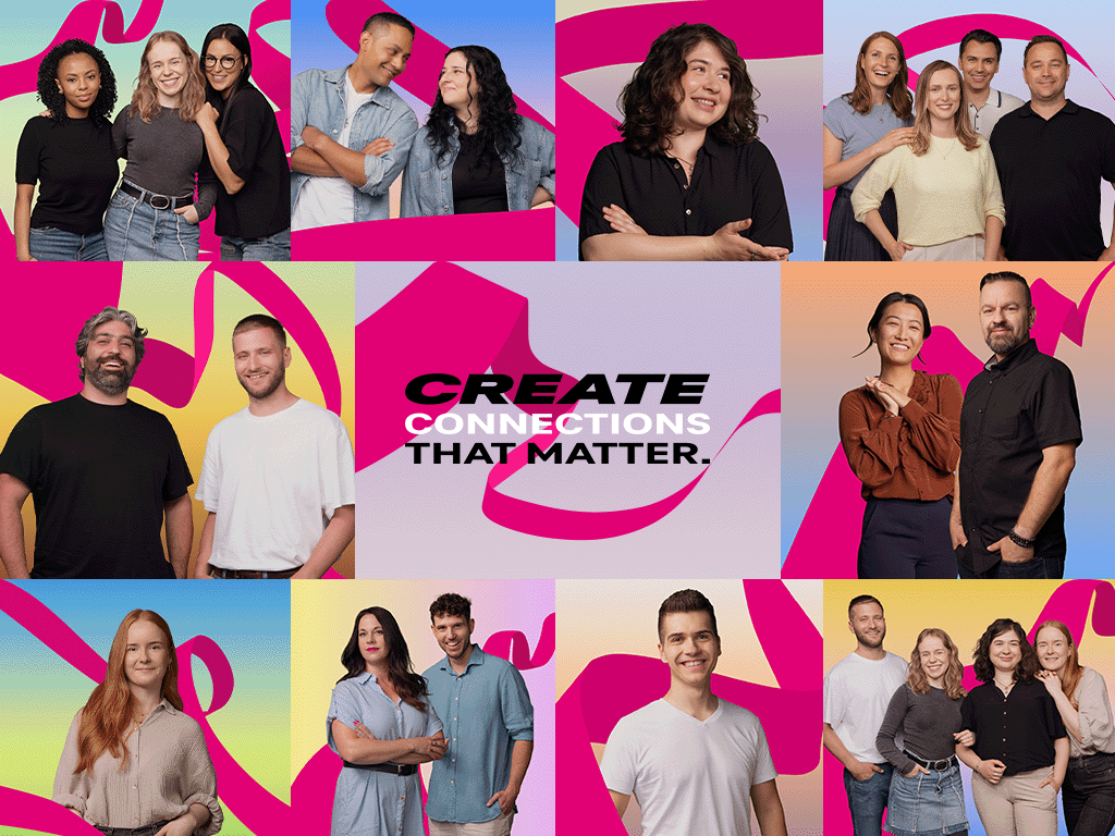 Karriere bei der Deutschen Telekom Kollage aus verschiedenen Menschen und in der Mitte steht: Create connections that matter.