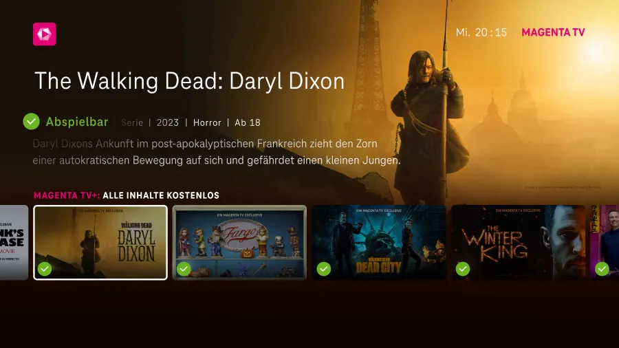 Fernseher auf dem die kostenlosen Inhalte von MagentaTV+ zu sehen sind. Der Fokus liegt auf 'The Walking Dead: Daryl Dixon'.