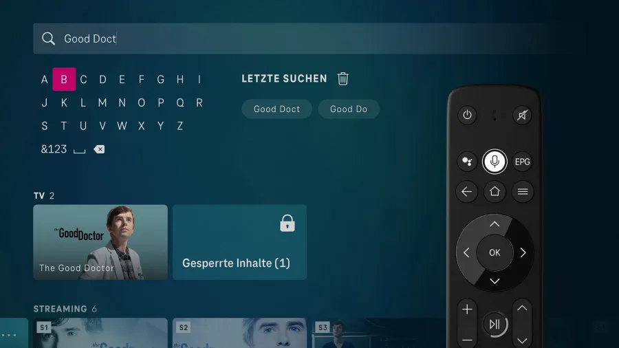 Fernseher zeigt die Suche nach Inhalten mit virtueller Tastatur oder Sprachbefehl in der MagentaTV App