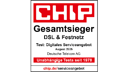 Testsiegel CHIP Gesamtsieger DSL & Festnetz, Test: Digitales Serviceangebot, August 2025, Deutsche Telekom AG Testsiegel CHIP Gesamtsieger DSL & Festnetz, Test: Digitales Serviceangebot, August 2025, Deutsche Telekom AG