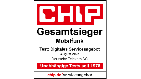 Testsiegel CHIP Gesamtsieger Mobilfunk, Test: Digitales Serviceangebot, August 2025, Deutsche Telekom AG Testsiegel CHIP Gesamtsieger Mobilfunk, Test: Digitales Serviceangebot, August 2025, Deutsche Telekom AG