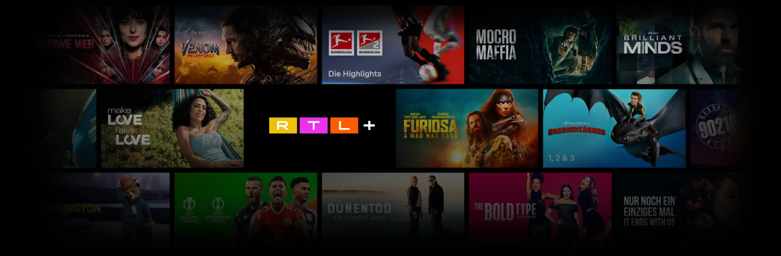Angebotshighlights bei RTL+, darunter Madame Web, Venom: The Last Dance, Die Highlights von 1. und 2. Bundesliga, Mocro Mafia, Brilliant Minds, Make Love fake Love, Furiosa: A Mas Max Saga, Drachenzähmen leicht gemacht 1 bis 3, Beverly Hills 90210, Paddington, UEFA Europa League und Conference League, Dünentod: Ein Nordsee Krimi, The Bold Type: Der Weg nach oben, Nur noch ein einziges Mal: It ends with us