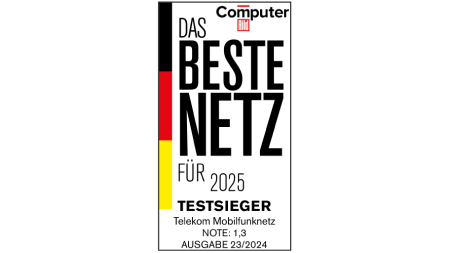 Testsiegel Computer BILD, Das beste Netz für 2025, Testsieger, Telekom Mobilfunknetz, Note 1,3, Ausgabe 23/2024 Testsiegel Computer BILD, Das beste Netz für 2025, Testsieger, Telekom Mobilfunknetz, Note 1,3, Ausgabe 23/2024