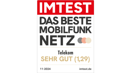 Testsiegel Imtest, Das beste Mobilfunk Netz, Telekom, Sehr gut (1,29), imtest.de, 11-2024 Testsiegel Imtest, Das beste Mobilfunk Netz, Telekom, Sehr gut (1,29), imtest.de, 11-2024