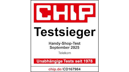 Testsiegel CHIP Testsieger Handy-Shop-Test, September 2025, Telekom Testsiegel CHIP Testsieger Handy-Shop-Test, September 2025, Telekom
