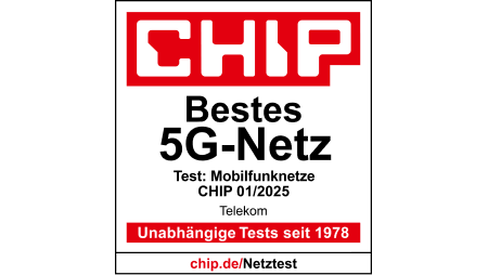 Testsiegel CHIP, Bestes 5G-Netz, Test Mobilfunknetze, CHIP 01/2025, Telekom Testsiegel CHIP, Bestes 5G-Netz, Test Mobilfunknetze, CHIP 01/2025, Telekom