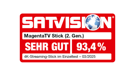 Testsiegel SATVISION, MagentaTV Stick (2. Gen.), sehr gut, 93,4 %, 4K-Streaming-Stick im Einzeltest - 03/2025 Testsiegel SATVISION, MagentaTV Stick (2. Gen.), sehr gut, 93,4 %, 4K-Streaming-Stick im Einzeltest - 03/2025