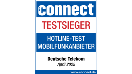 Testsiegel connect Testsieger, Hotline-Test Mobilfunkanbieter, Deutsche Telekom, April 2025 Testsiegel connect Testsieger, Hotline-Test Mobilfunkanbieter, Deutsche Telekom, April 2025