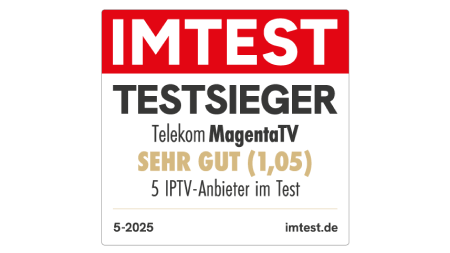 Testsiegel Imtest, Testsieger, Telekom MagentaTV, Sehr gut (1,05), 5 IPTV-Anbieter im Test, 5.2025, imtest.de Testsiegel Imtest, Testsieger, Telekom MagentaTV, Sehr gut (1,05), 5 IPTV-Anbieter im Test, 5.2025, imtest.de
