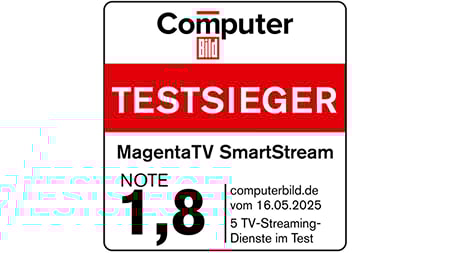 Testsiegel Computer Bild, Testsieger MagentaTV SmartStream, Note 1,8, computerbild.de vom 16.05.2025, 5 TV-Streaming-Dienste im Test Testsiegel Computer Bild, Testsieger MagentaTV SmartStream, Note 1,8, computerbild.de vom 16.05.2025, 5 TV-Streaming-Dienste im Test
