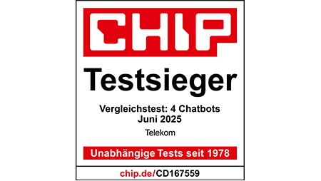 Testsieger im CHIP Vergleichstest: 4 Chatbots, Juni 2025 Testsiegel CHIP Testsieger, Vergleichstest: 4 Chatbots, Juni 2025, Telekom