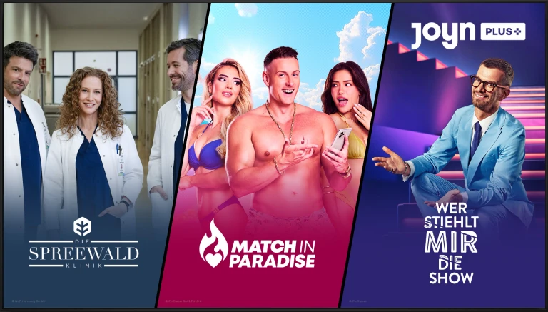 Grafische Darstellung Joyn PLUS+. Im Fokus stehen die Serien Spreewald Klinik, Match in Paradise und Wer stiehlt mir die Show.