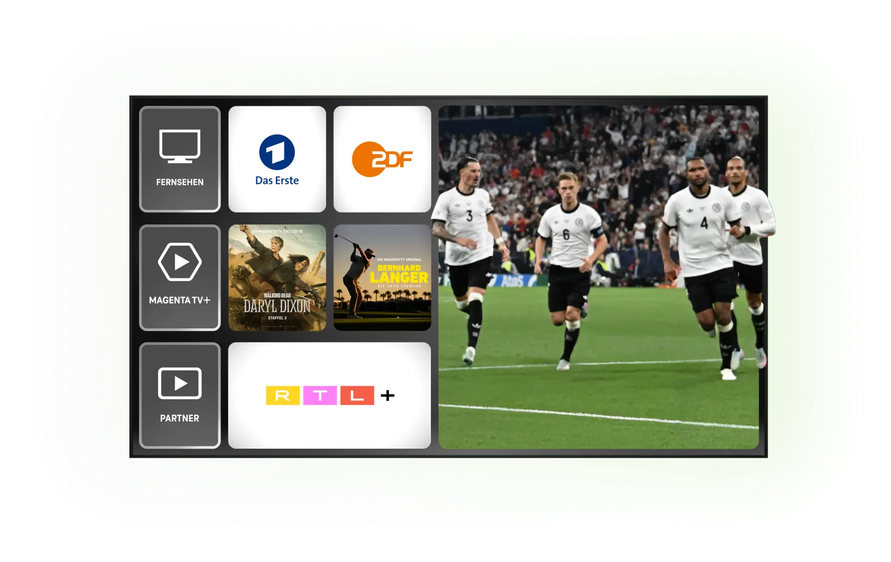 Bildschirm mit verschiedenen Kacheln, darunter Logos von Das Erste, ZDF und RTL+. Zudem sind MagentaTV Inhalte wie The Walking Dead - Daryl Dixon und Bernhard Langer - Der ewige Champion, sowie ein Visual der deutschen Fußballnationalmannschaft der Herren zu sehen.