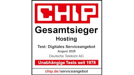 Testsiegel CHIP - Gesamtsieger Digitales Serviceangebot Hosting CHIP 08/2025, Telekom Testsiegel CHIP - Gesamtsieger Digitales Serviceangebot Hosting CHIP 08/2025, Telekom