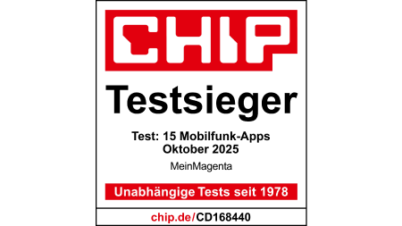 Testsiegel CHIP Testsieger MeinMagenta App, Test: 15 Mobilfunk-Apps, Oktober 2025 Testsiegel CHIP Testsieger MeinMagenta App, Test: 15 Mobilfunk-Apps, Oktober 2025