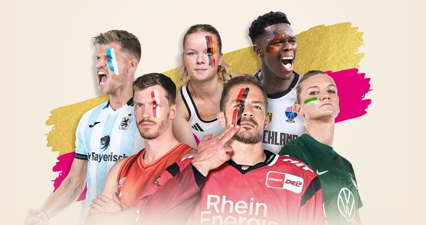 Sportler verschiedener Teams in Trikots vor einem grafischen Hintergrund.