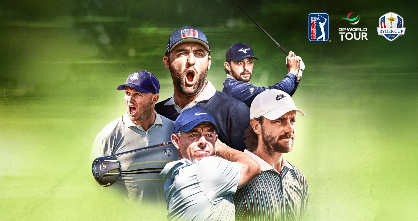 Abbildung von mehreren Golfern auf einem grünen Hintergrund. Es sind die Logos zu PGA Tour, DP World Tour und Ryder Cup oben links zu sehen