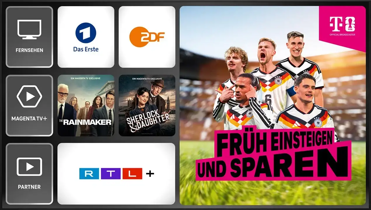 Bildschirm mit verschiedenen Kacheln, die MagentaTV Inhalte zeigen. Logos von Das Erste, ZDF und RTL+ sind zu sehen. Zudem die Titel The Rainmaker, Sherlock, Mocro Maffia Staffel 6.
