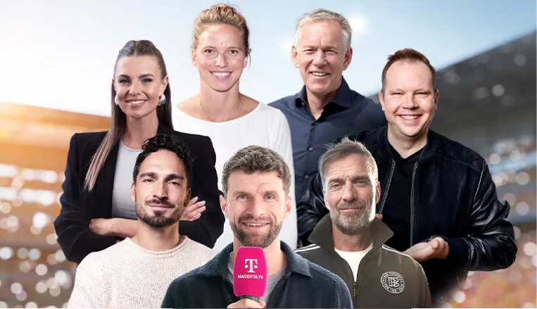 On Air Team mit Thomas Müller, Jürgen Klopp, Mats Hummels, Tabea Kemme, Johannes B. Kerner, Laura Wontorra und Wolff Fuss.