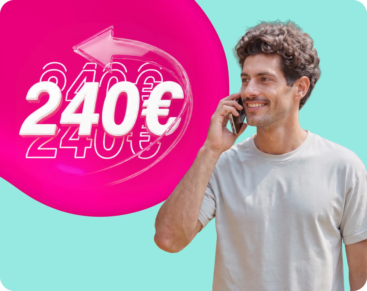 Junger Mann mit Handy in der Hand - seitlich ist der Preis "240 €" groß abgebildet