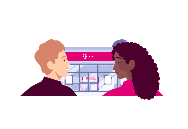Grafische Darstellung zweier Personen vor einem Telekom Shop
